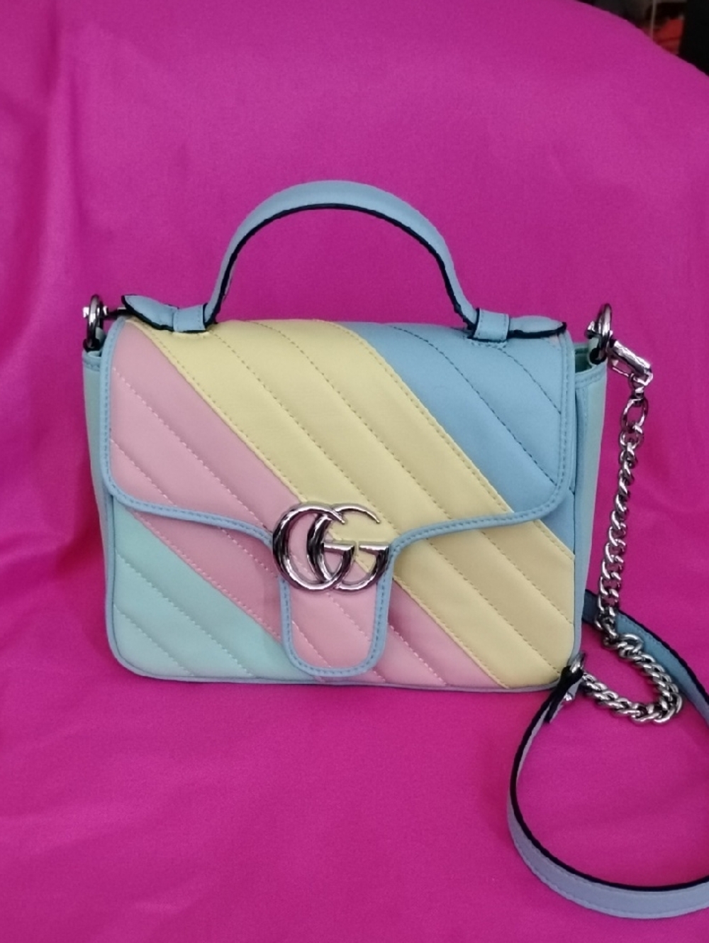 Pastel Diagonal Stripe Mini Top-Handle Bag - Pink, Yellow, Blue, Mint